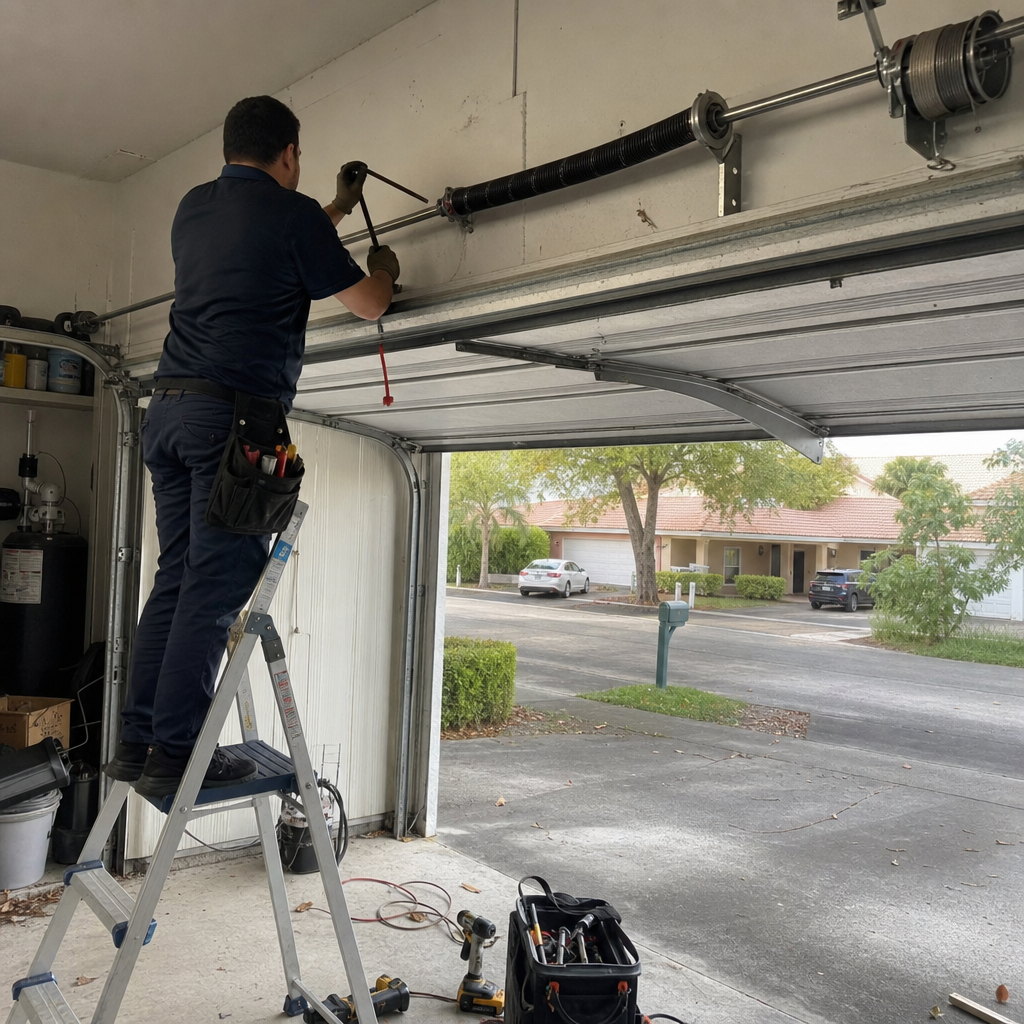 Technician repairs garage door opener on ladder in Miami, FL