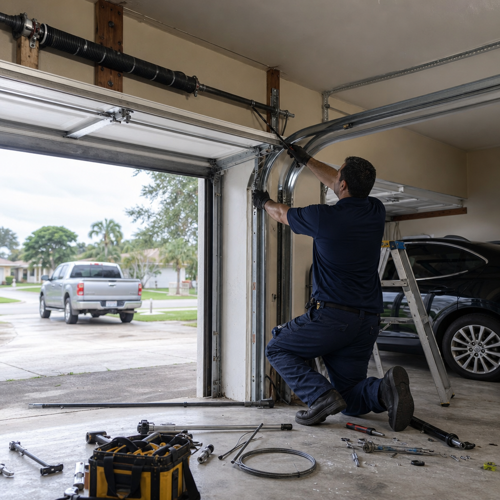 Garage door repairman fixes broken spring on a ladder in Miami, FL