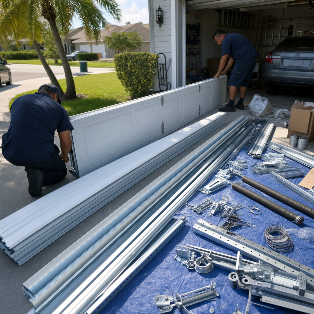 Technicians installing a new white garage door with hardware on a tarp