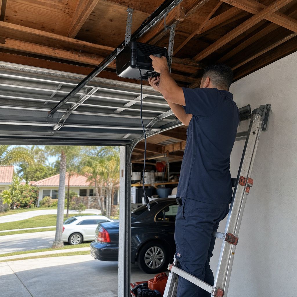 Technician installs garage door opener unit on ceiling