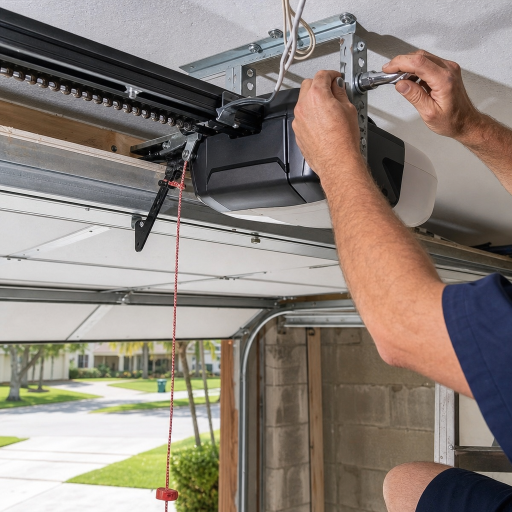 Technician installing garage door opener system