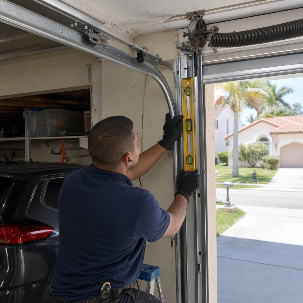 Garage door repair technician installing track with level.